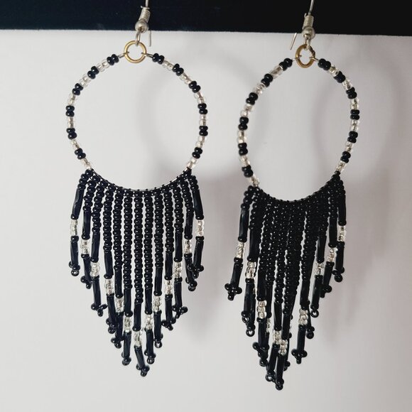 Black & Silver Beaded Hoop Fringe Earrings | Handmade in Mexico | Boho Chic - Picture 2 of 3